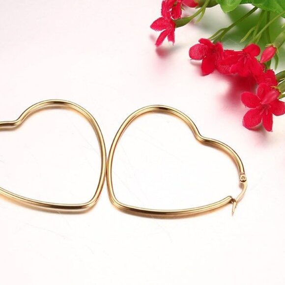 Gold Plated Heart Shape Hoop Earrings Stainless Steel Hypoallergenic Large Hoops - Picture 6 of 7